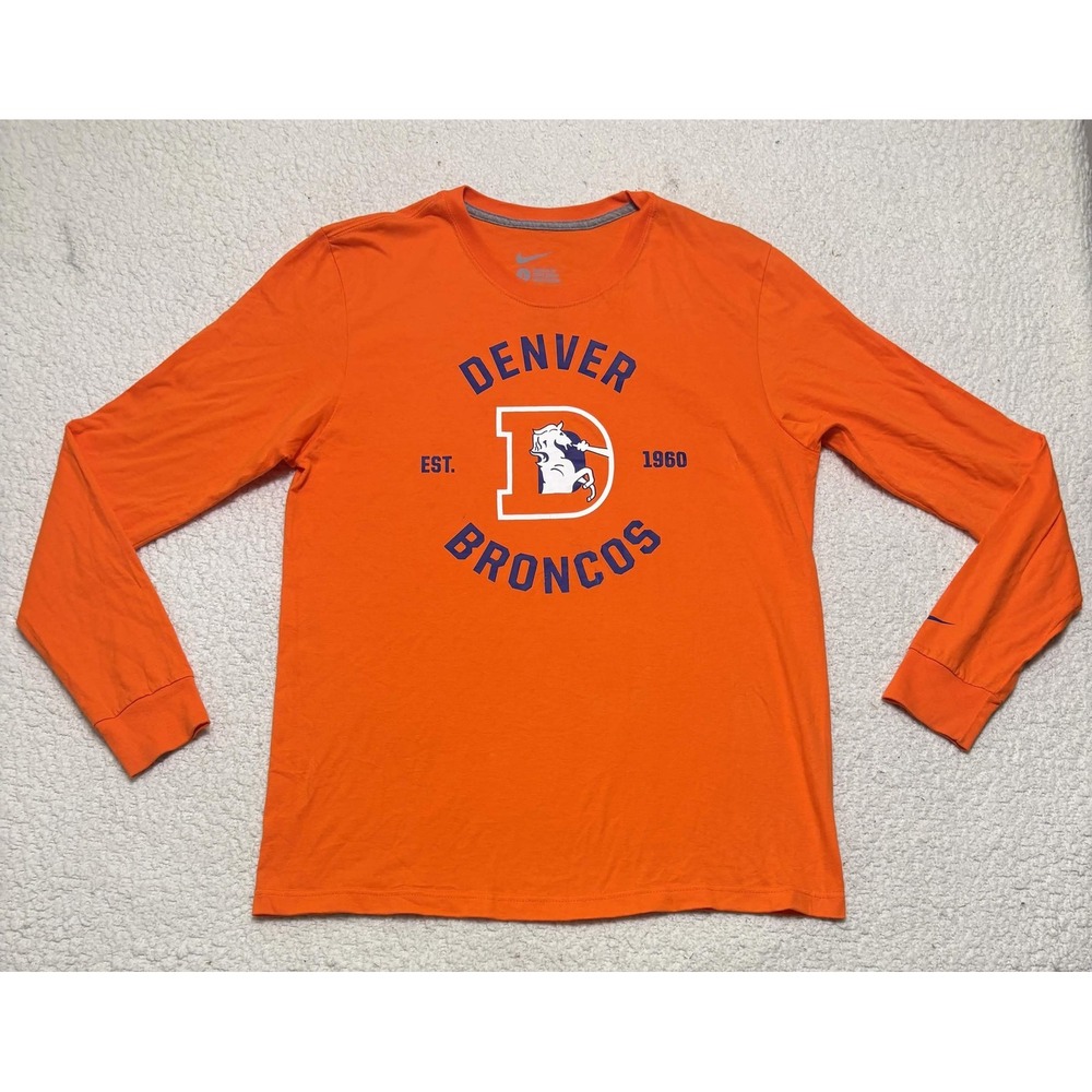 Nike Mens Denver Broncos T-shirt Graphic Tee Orange Long Sleeve Size L NFL